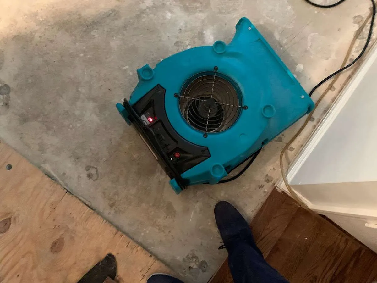 Air mover drying subfloor during Leak Detection & Repair in Jericho